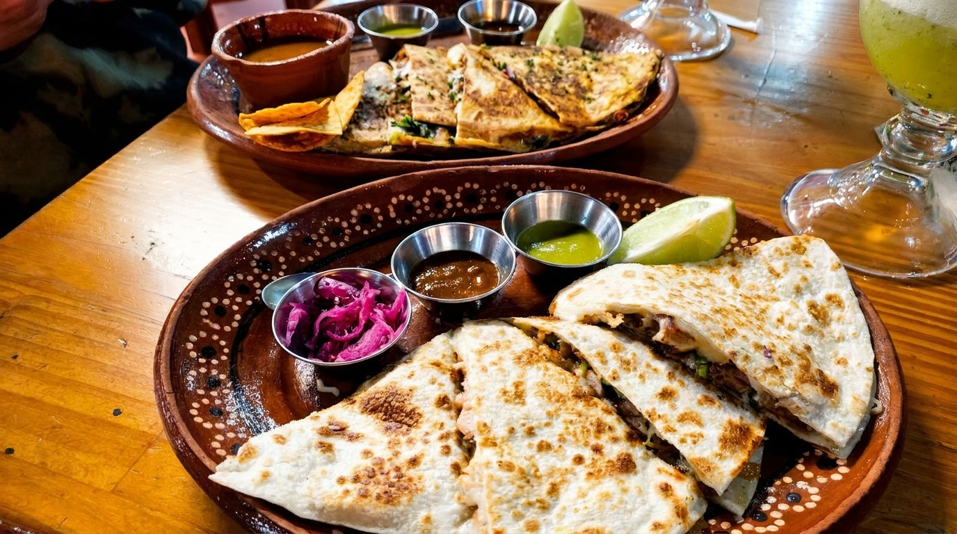 Two plates of quesadillas with various dipping sauces and lime wedges on a wooden table.