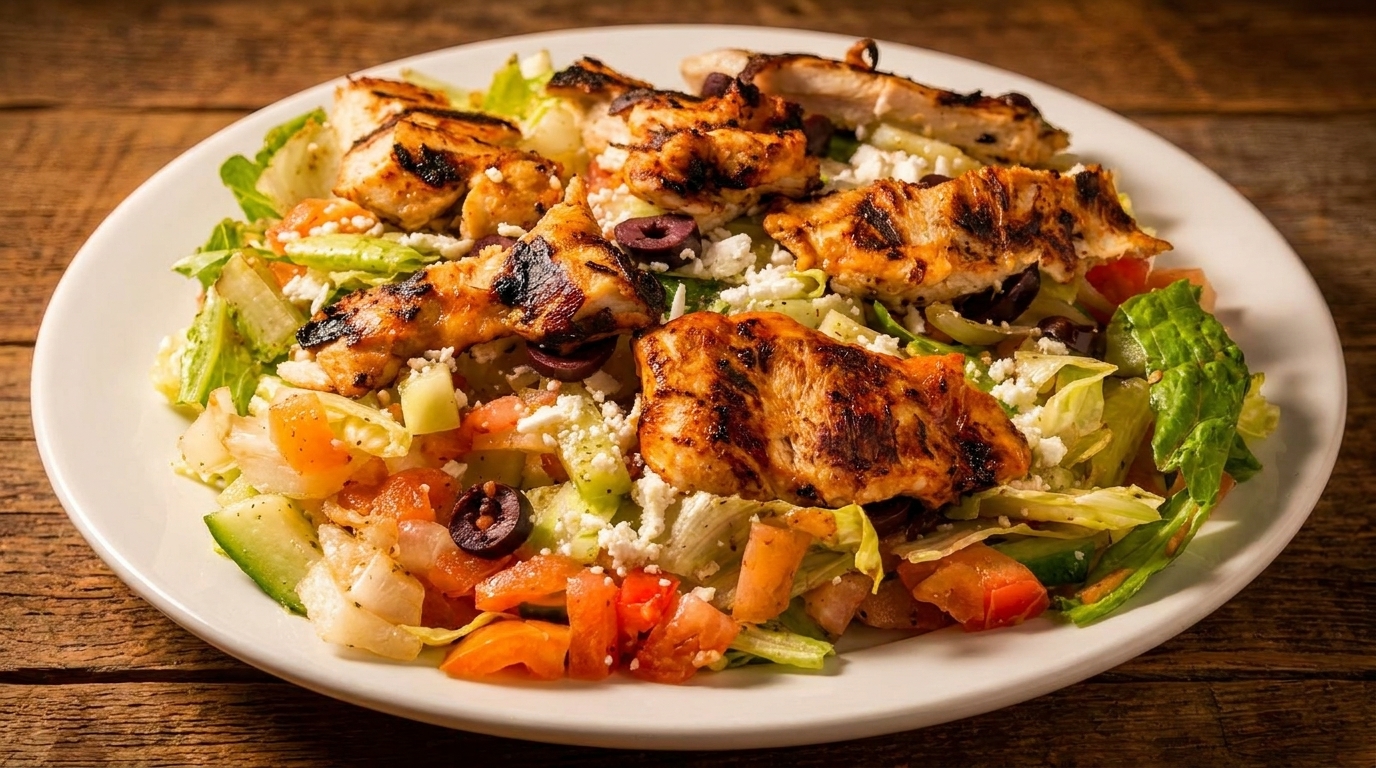 Grilled chicken salad with lettuce, tomatoes, cucumbers, olives, and feta cheese on a white plate.