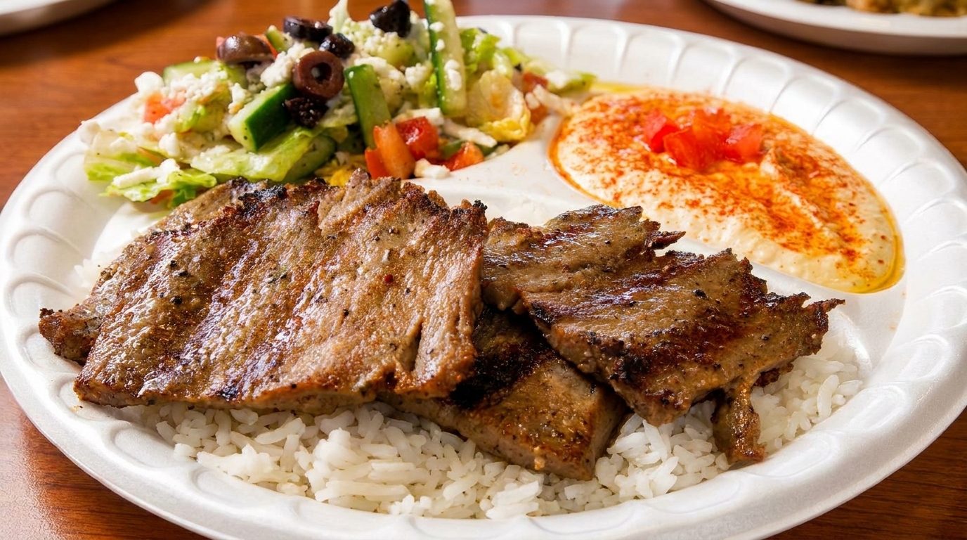 Grilled meat slices over rice, with a side of Greek salad and hummus on a white plate.