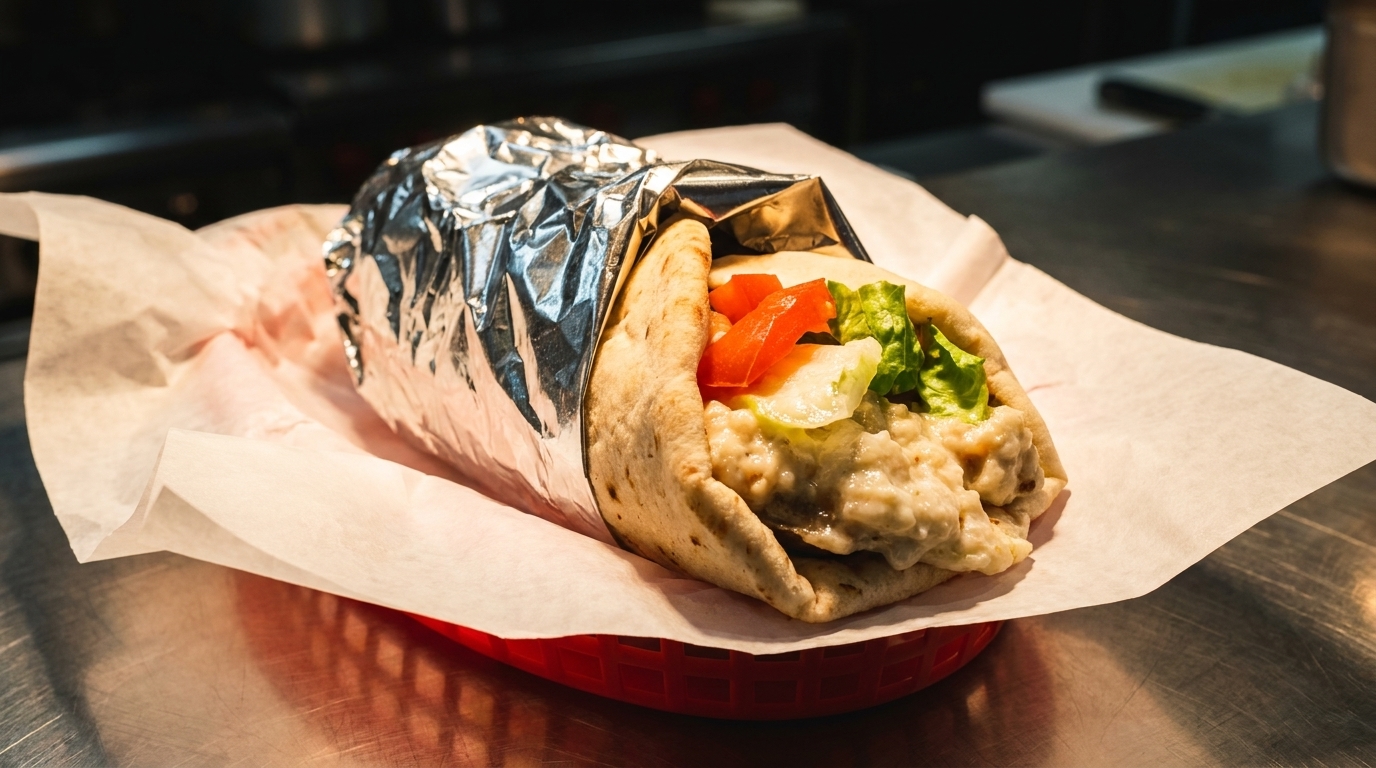 A gyro sandwich in a red basket, wrapped in foil and parchment paper, on a metal counter.