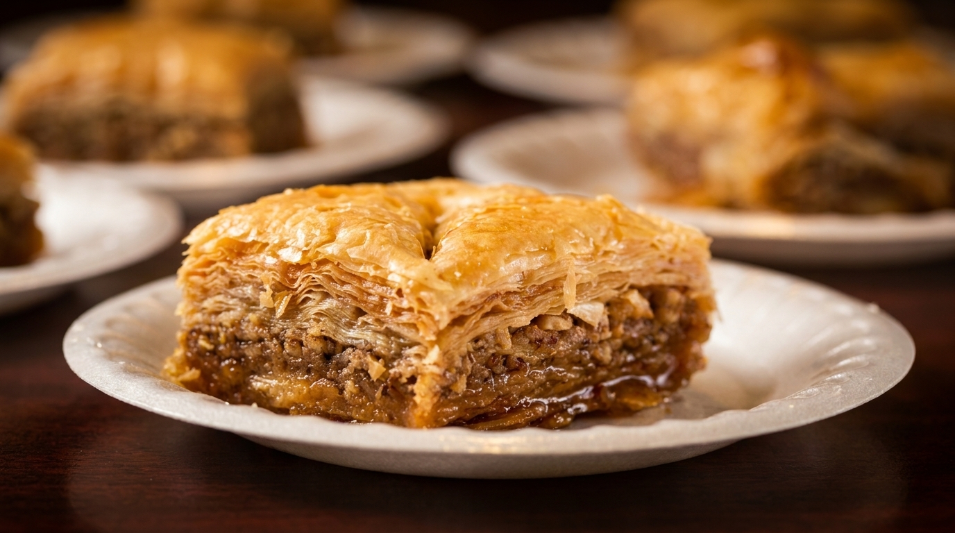 Close-up of a golden-brown baklava pastry with flaky layers and a nut filling on a white plate.