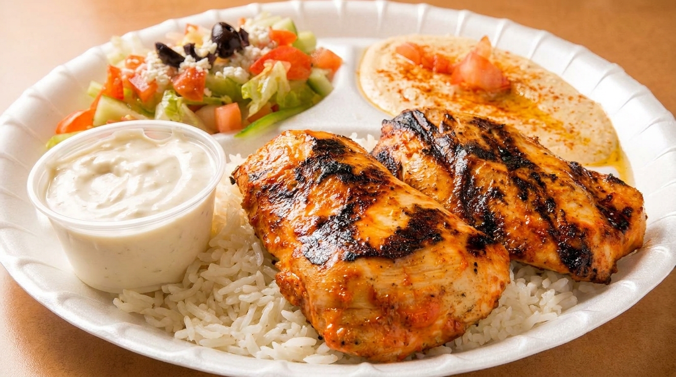 Grilled chicken breasts with rice, salad, hummus, and a side of white sauce on a white plate.