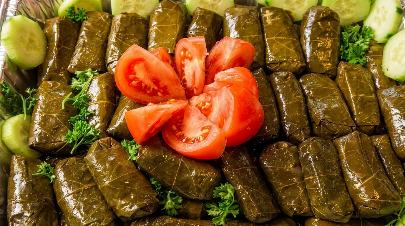Close-up of dolmades (stuffed grape leaves) with fresh tomato wedges, cucumber slices, and parsley.