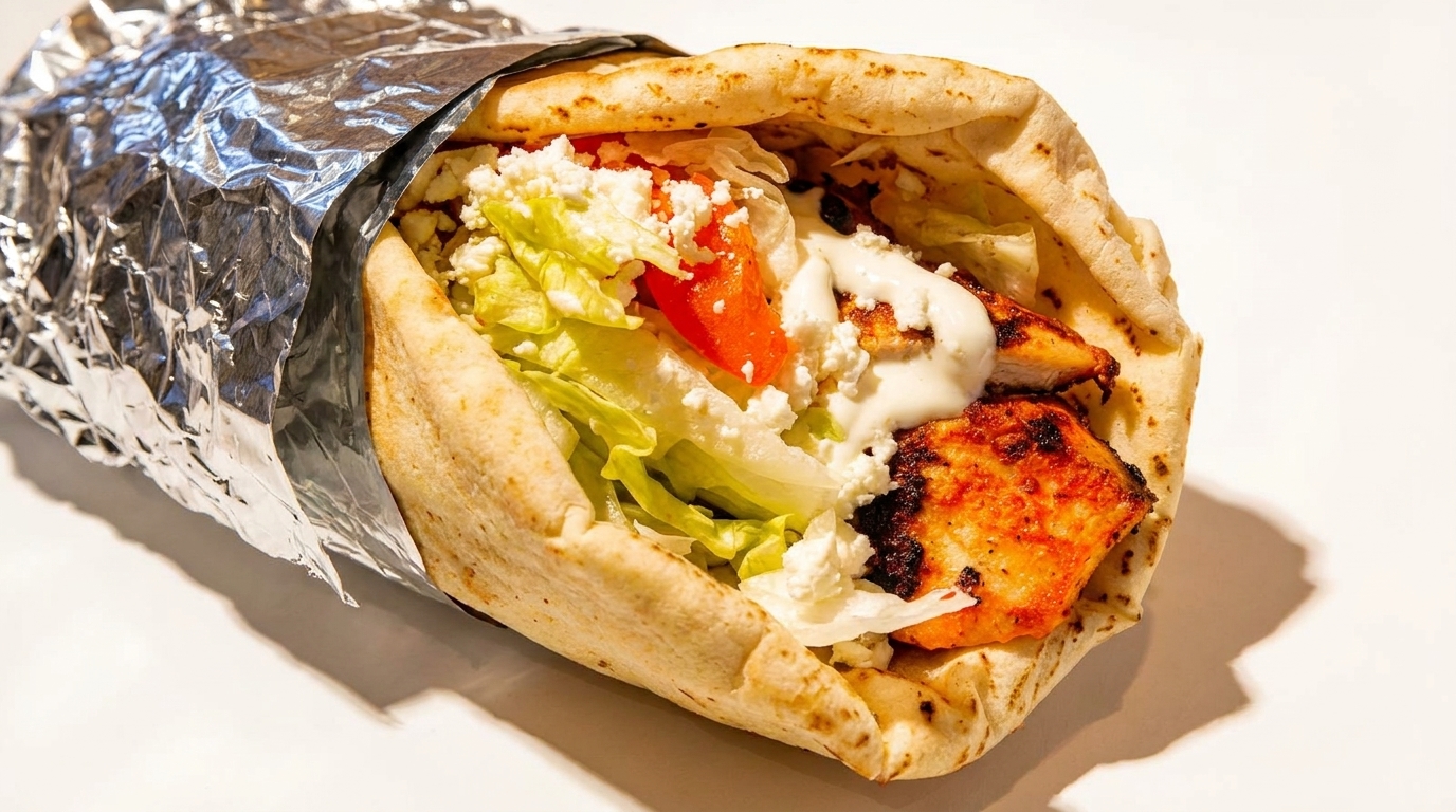 A chicken gyro wrapped in pita bread, filled with lettuce, tomatoes, feta cheese, and white sauce.