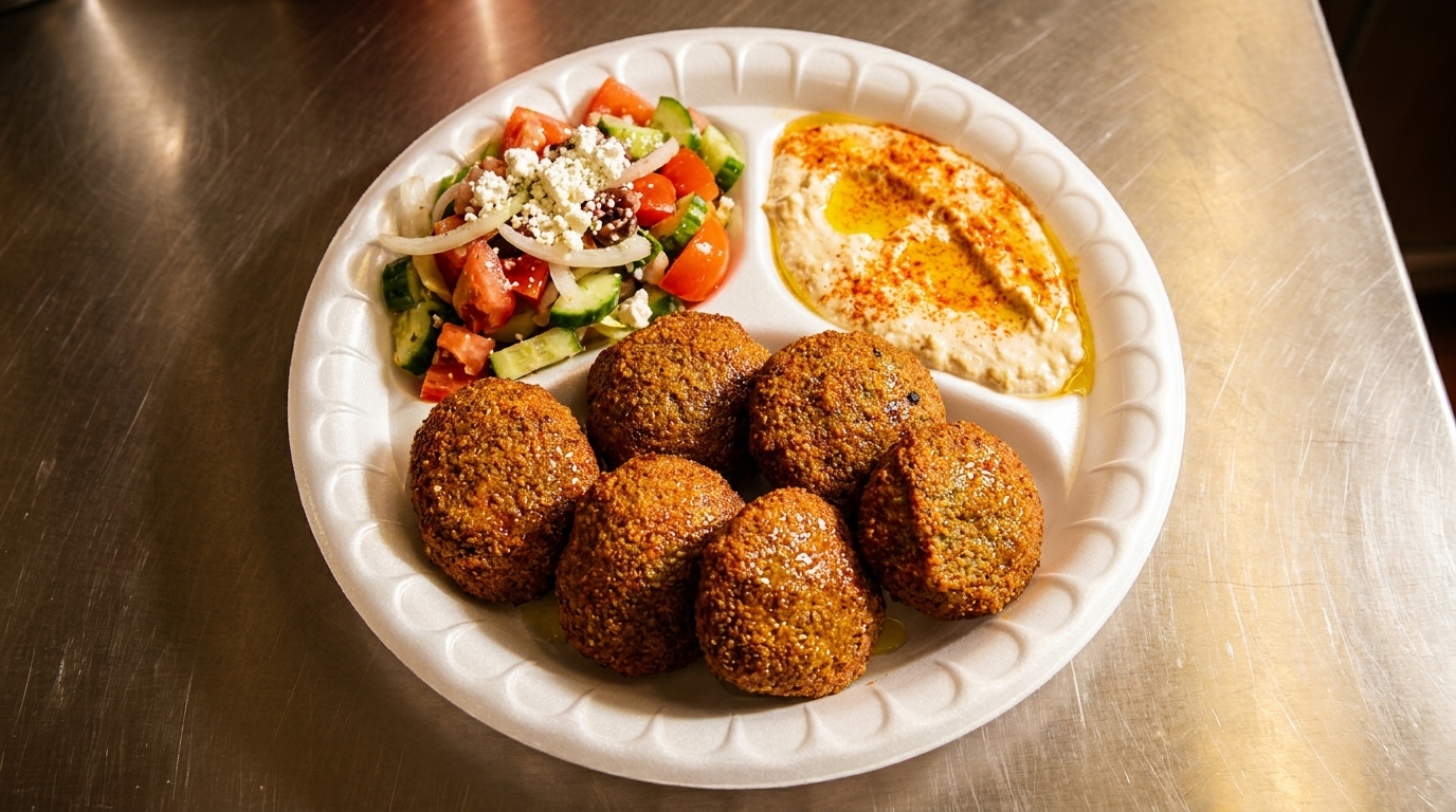 A white plate with falafel, hummus, and a fresh salad with feta cheese and onions.