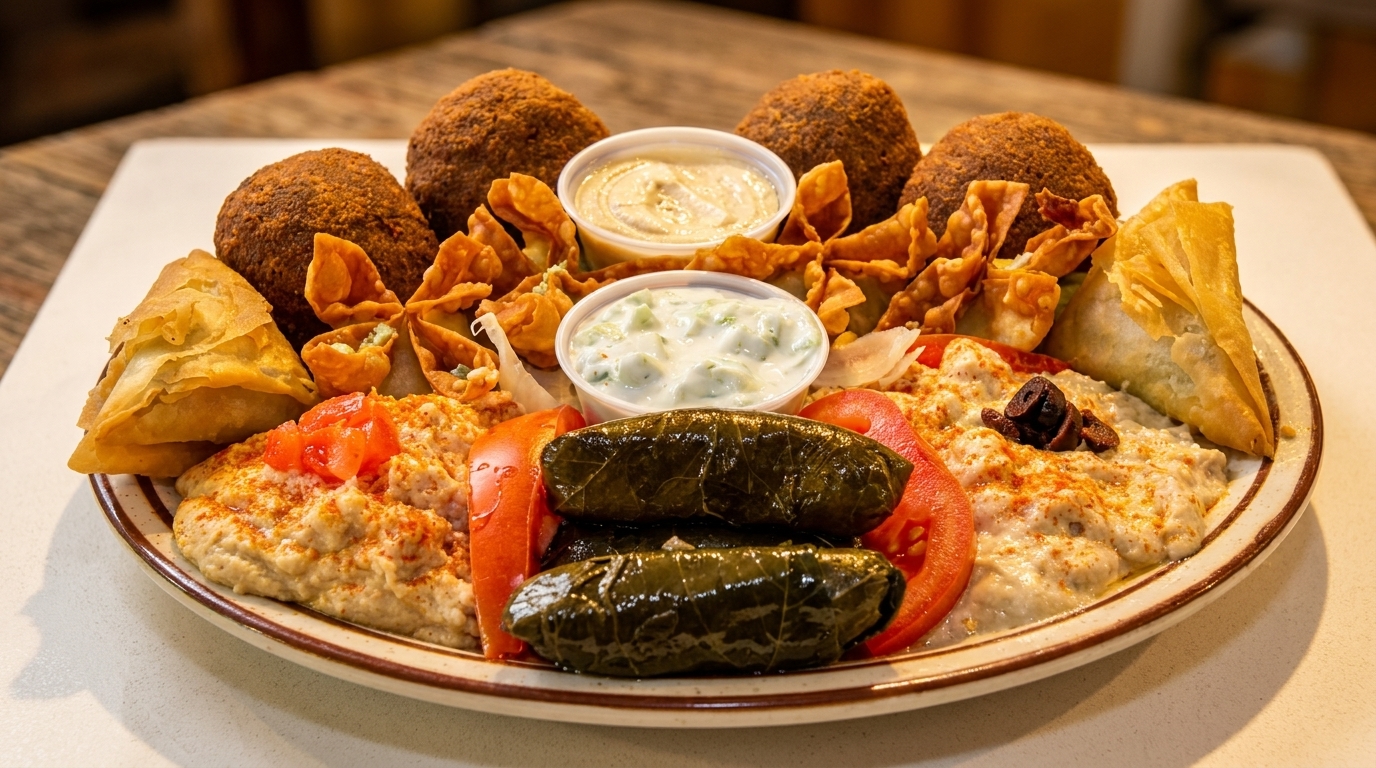 A large platter of Mediterranean appetizers including falafel, hummus, dolmas, and fried pastries.