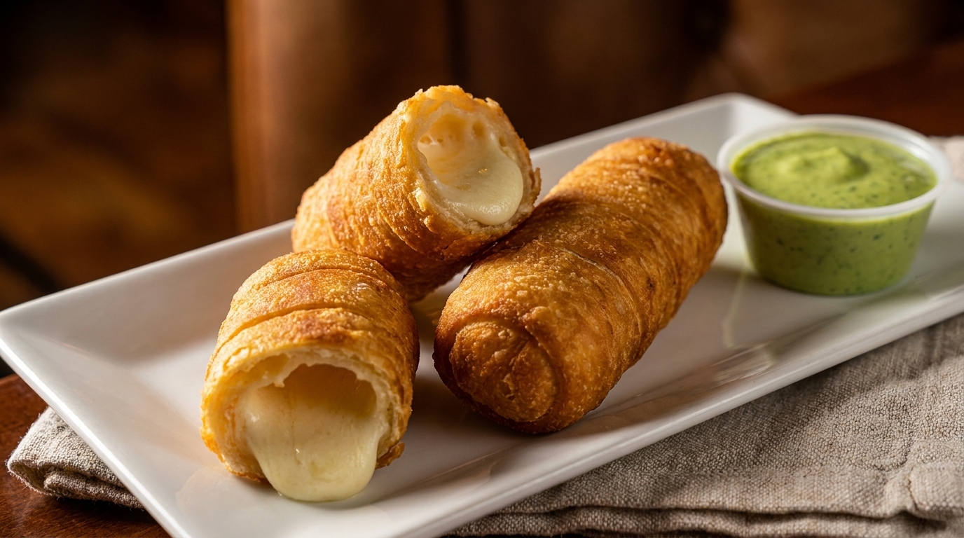 Three golden-brown fried cheese sticks with melted cheese oozing out, served with green dipping sauce.