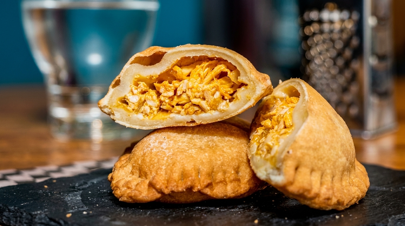 Three golden-brown empanadas, one cut open revealing a savory chicken filling, on a dark slate.