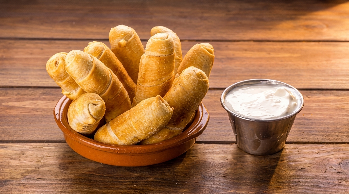 Golden-brown tequeños in a terracotta bowl with a side of white dipping sauce on a wooden table.