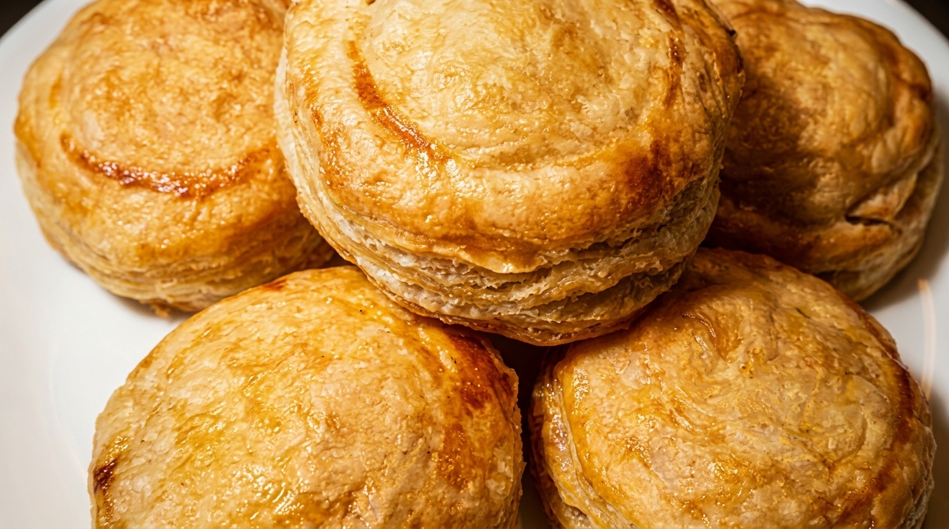Five golden-brown, flaky puff pastry pies with a slightly glossy finish on a white plate.