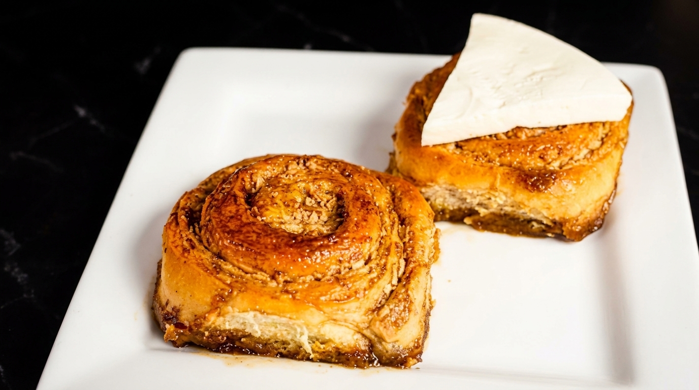 Two golden-brown cinnamon rolls, one topped with white frosting, on a white square plate.