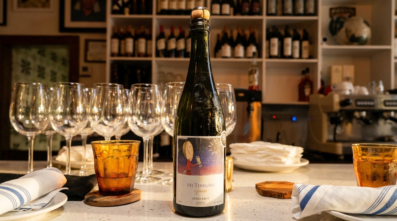 A bottle of Mi Terruño Extra Brut sparkling wine on a bar with wine glasses.