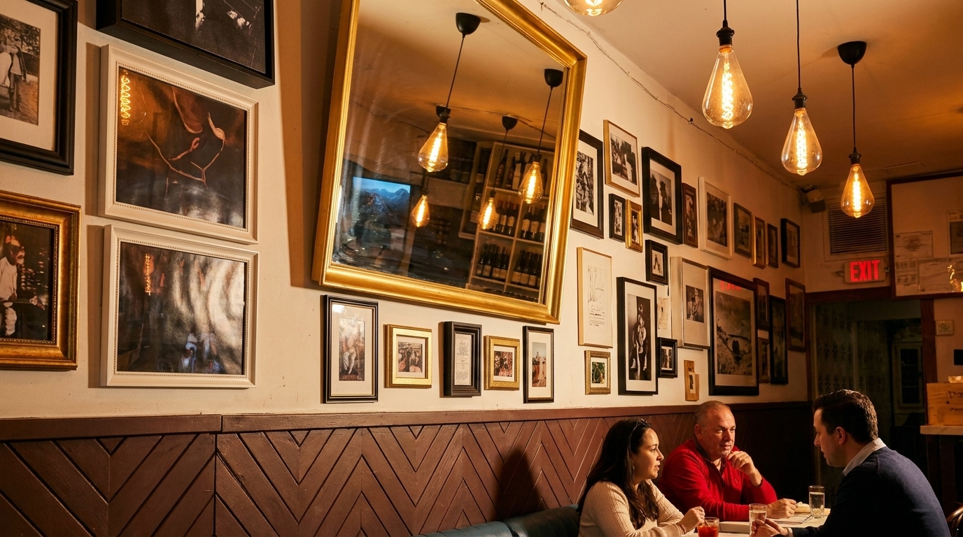 Three people dining at a restaurant with framed art, a large mirror, and Edison bulb lighting.