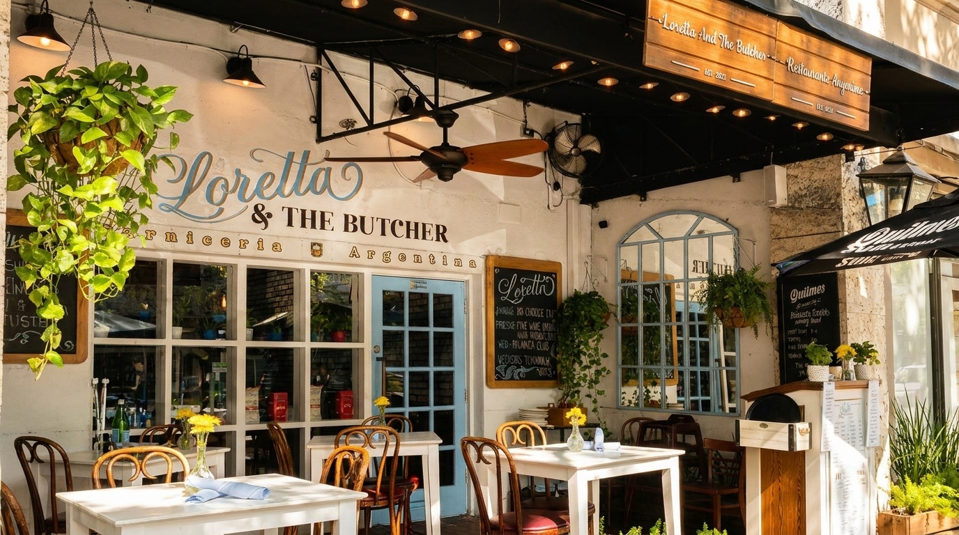 Loretta & The Butcher restaurant exterior with outdoor seating, hanging plants, and a light blue door.
