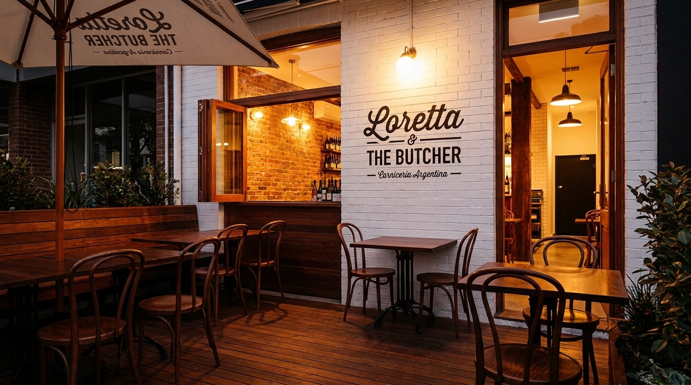 Loretta & The Butcher restaurant exterior with outdoor seating, white brick walls, and warm lighting.