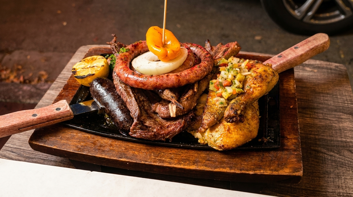 Grilled meats, sausage, chicken, and blood sausage on a sizzling platter with lemon and salsa.