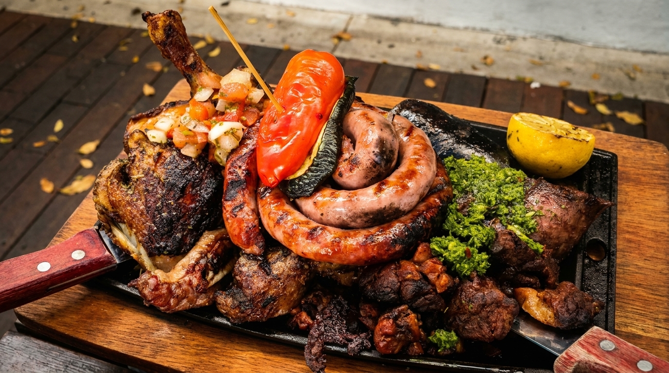 Grilled meats, sausages, vegetables, and chimichurri on a hot cast iron platter.