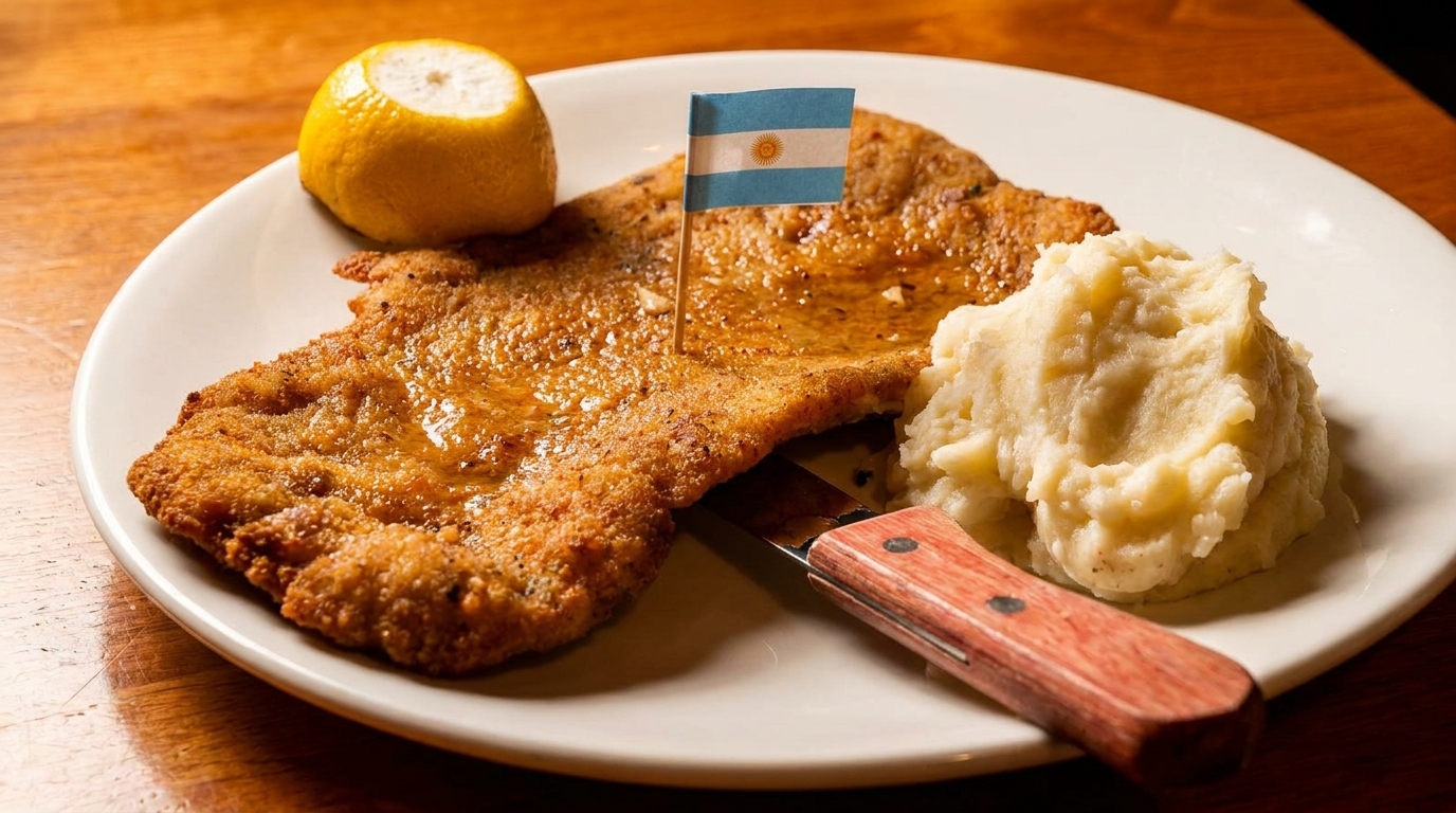 Golden-brown milanesa with a small Argentinian flag, mashed potatoes, and a lemon wedge on a white plate.