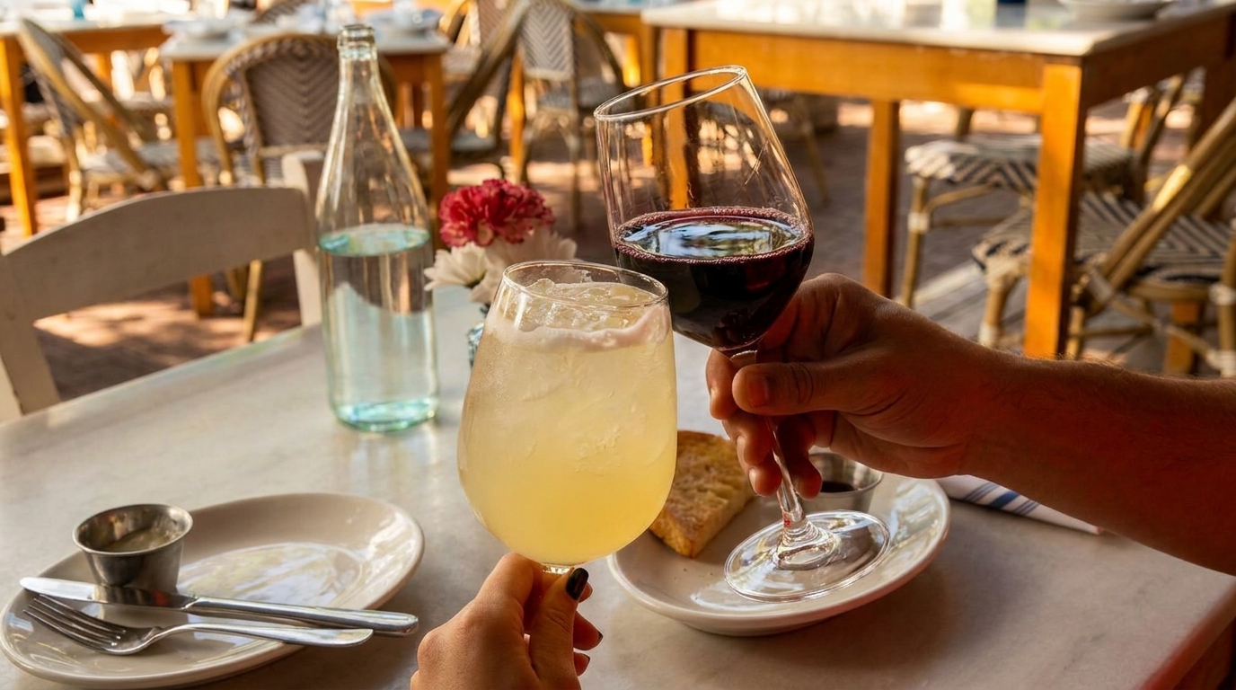 Two people clinking glasses of red wine and a yellow cocktail at an outdoor restaurant.