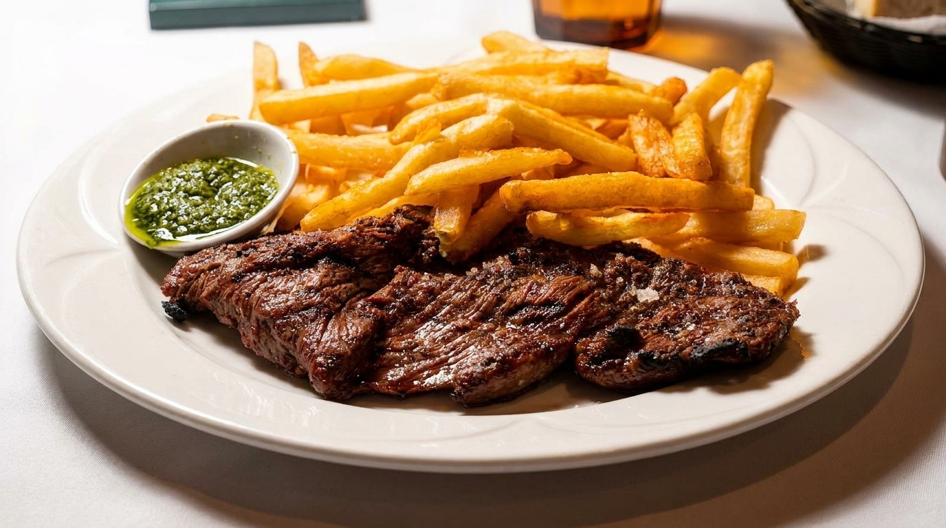 Grilled steak with a side of golden french fries and a small dish of green chimichurri sauce.