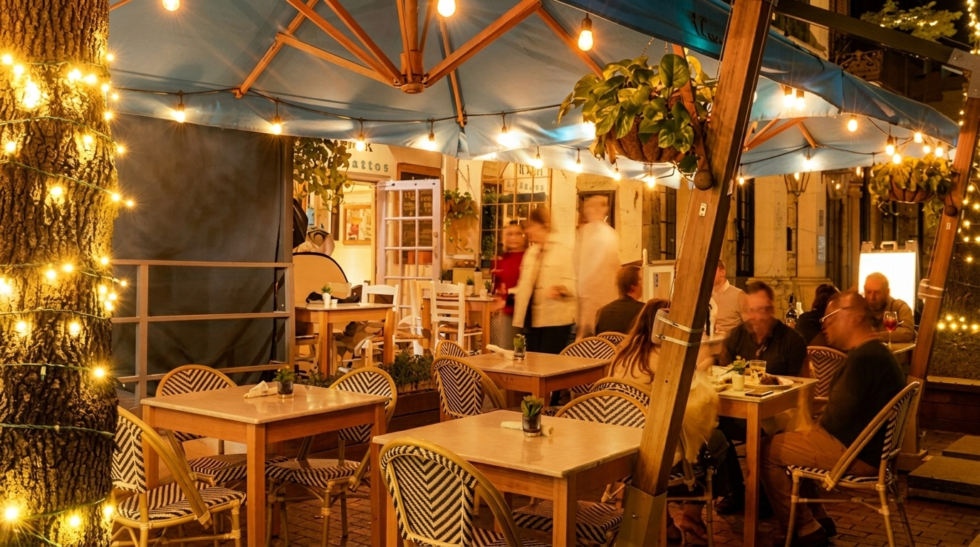 Outdoor restaurant patio at night, with string lights, blue umbrellas, and patrons dining.