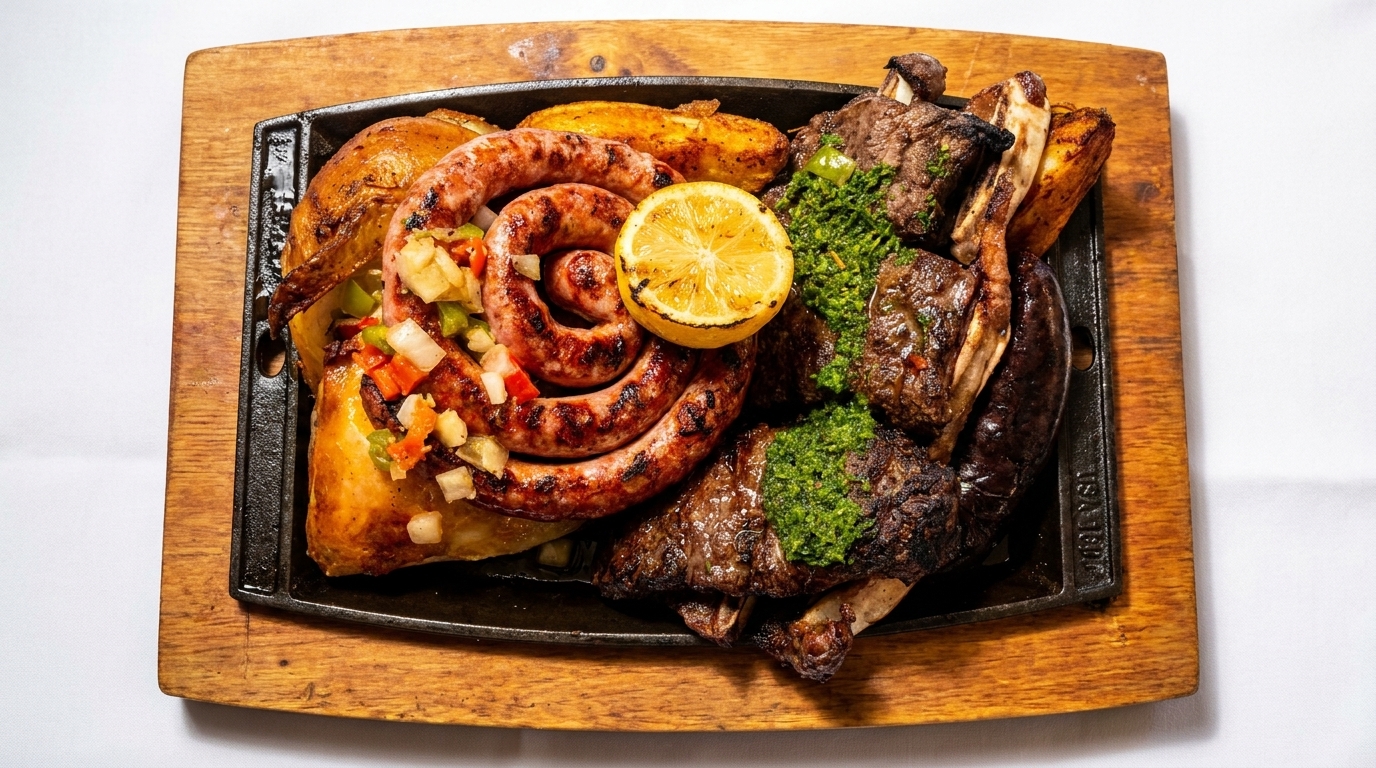 Grilled sausage, ribs, potatoes, and vegetables on a cast iron platter with a lemon.