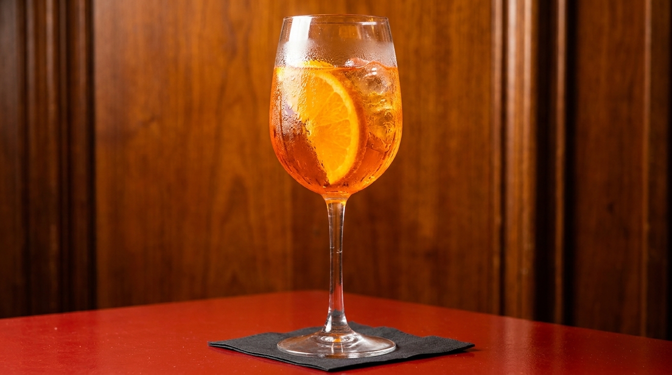 A vibrant orange Aperol Spritz cocktail with an orange slice and ice, on a red table.