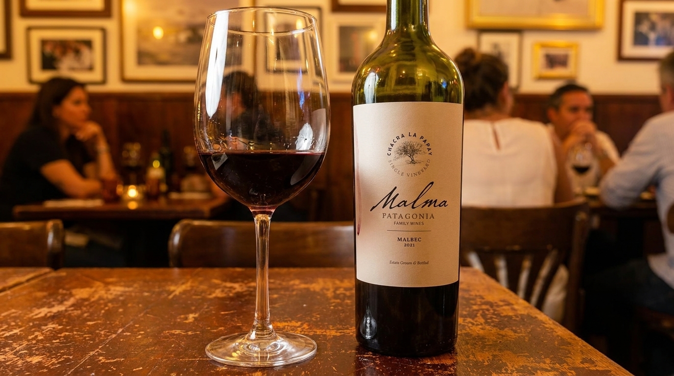 A bottle and glass of Malma Malbec wine on a wooden table in a dimly lit restaurant.