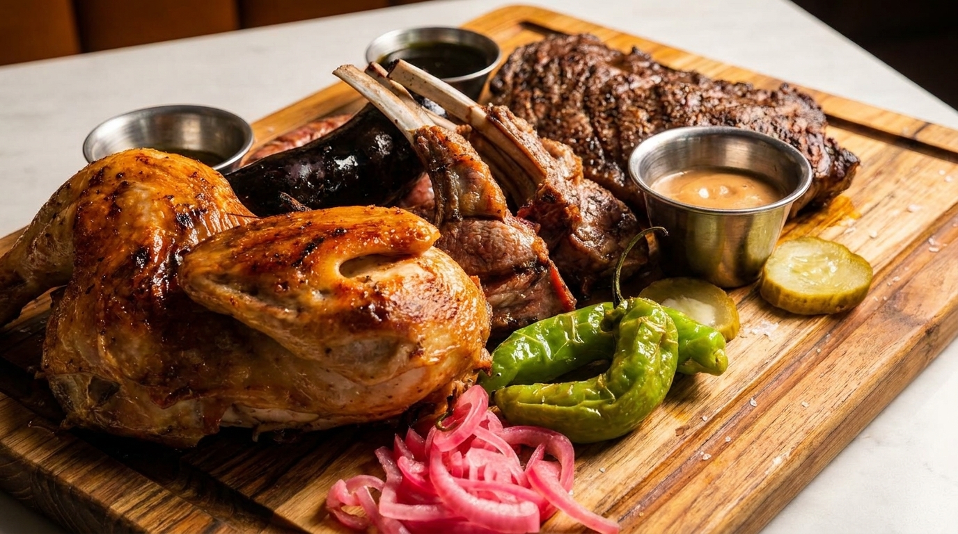 Grilled chicken, lamb chops, steak, blood sausage, peppers, and pickled onions on a wooden board.