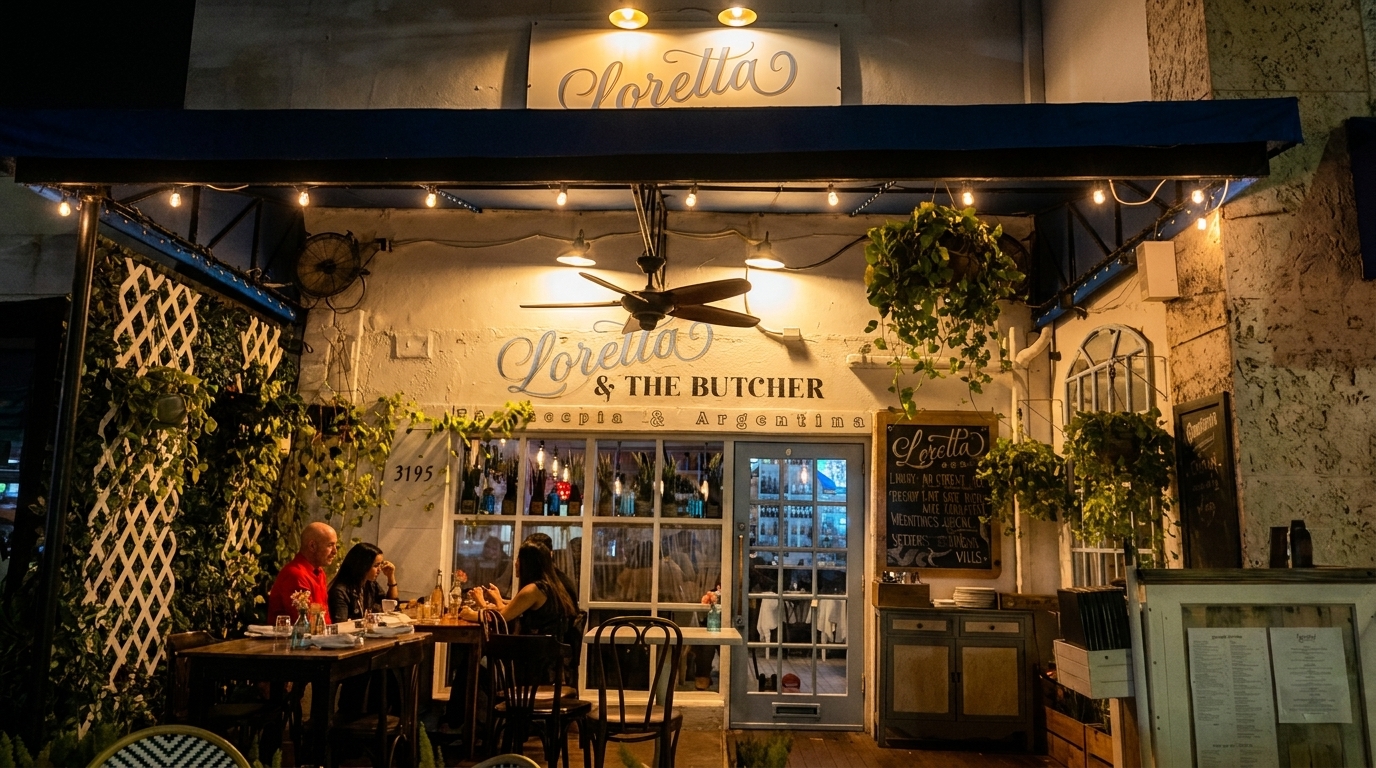 Loretta & The Butcher restaurant exterior at night, with patrons dining on the illuminated patio.