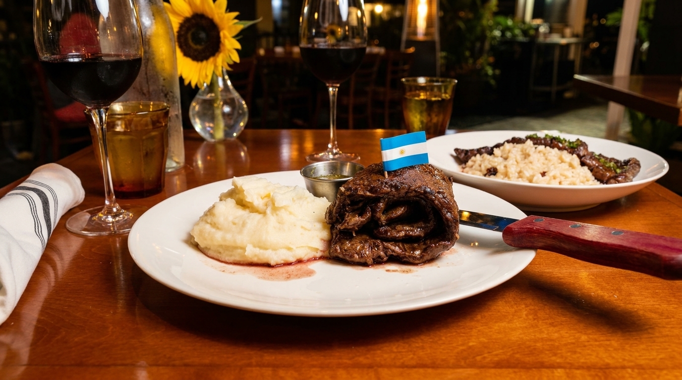 Argentinian steak with mashed potatoes, red wine, and a sunflower on a wooden table.