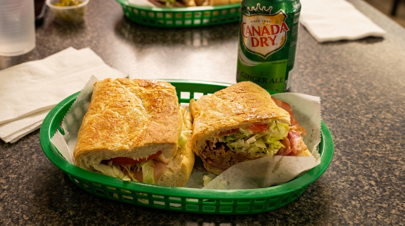 Two large subs with lettuce, tomato, and meat in a green basket with a Canada Dry soda.