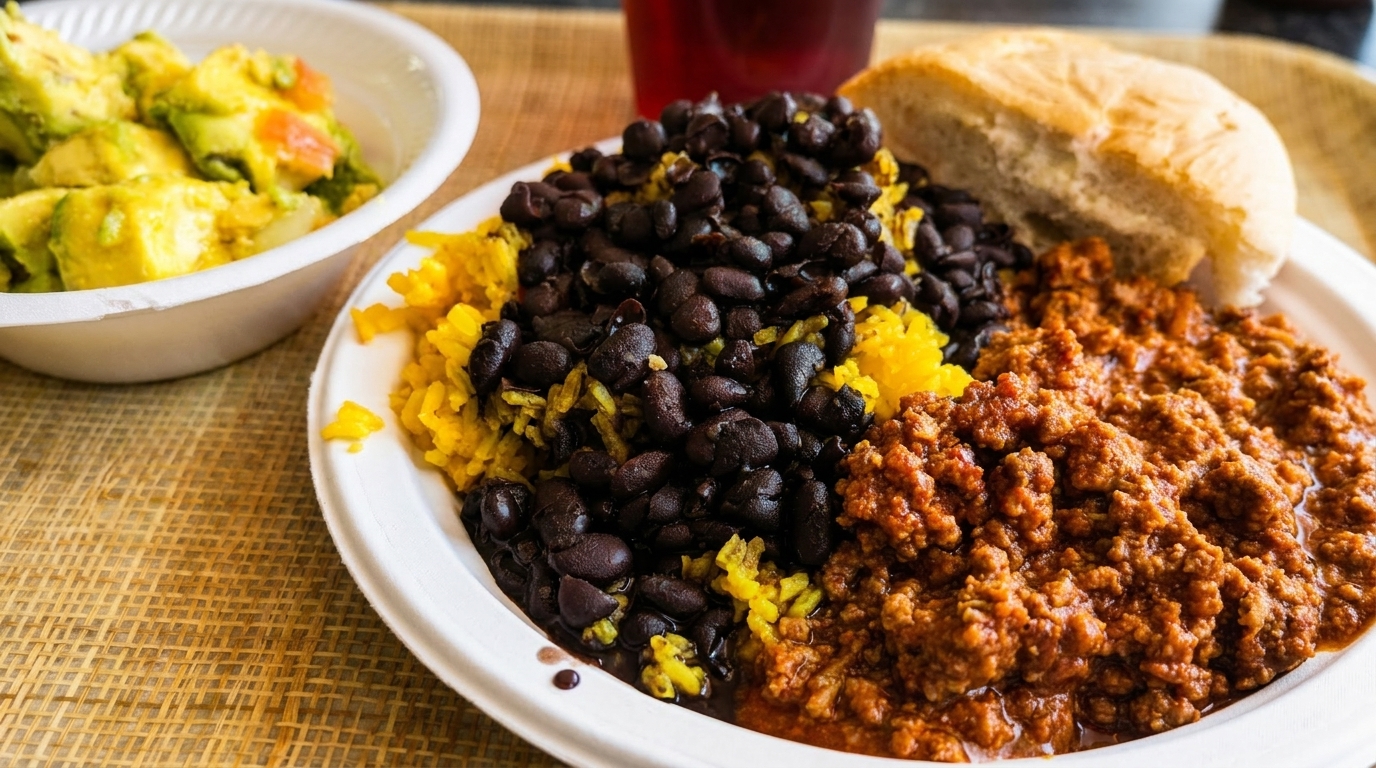A plate of yellow rice, black beans, and ground meat, with a side of avocado salad.