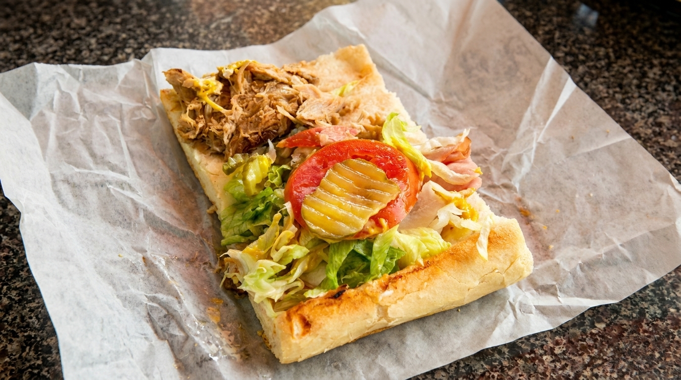 A delicious pulled pork sandwich with lettuce, tomato, and pickles on a white paper.
