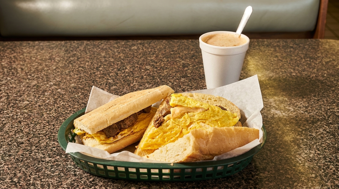 Two breakfast sandwiches with scrambled eggs and meat in a basket, with a coffee.