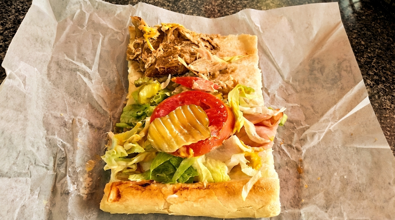 An open sub sandwich on parchment paper, filled with pulled pork, lettuce, tomato, pickles, and ham.
