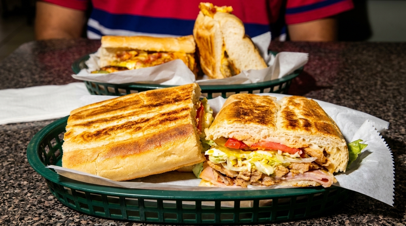 Two large, toasted Cuban sandwiches filled with meat, cheese, lettuce, and tomato in green baskets.