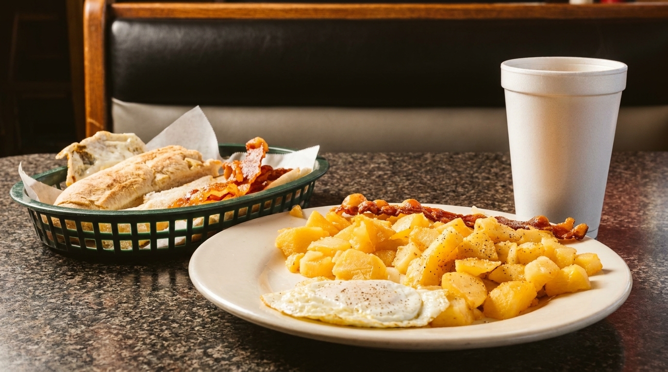A diner breakfast with fried eggs, home fries, bacon, and bread in a basket.
