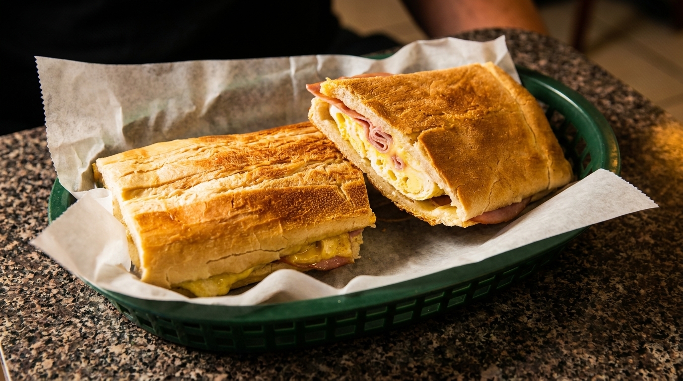 Two Cuban sandwiches, one cut in half, in a green basket lined with white paper on a granite counter.