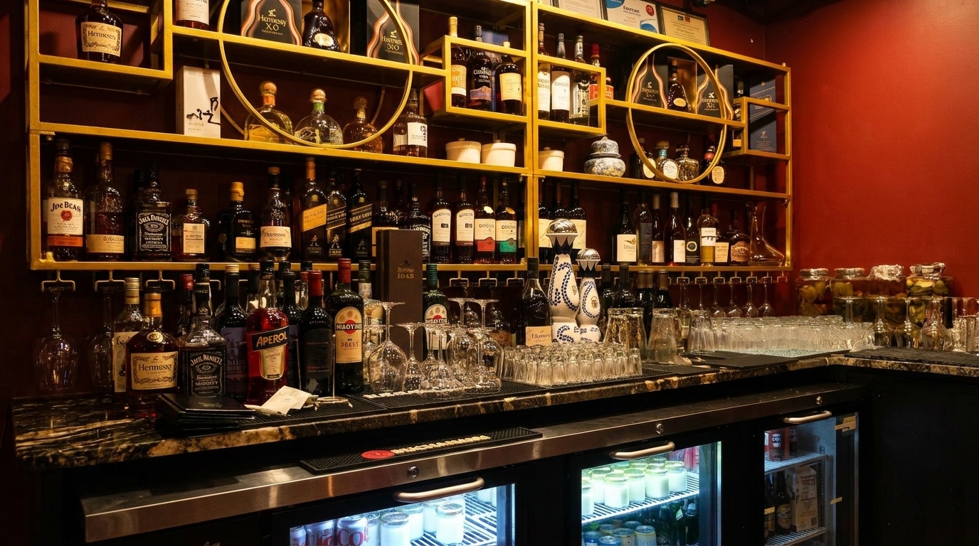 A well-stocked bar with various liquor bottles on golden shelves and glasses on a marble counter.