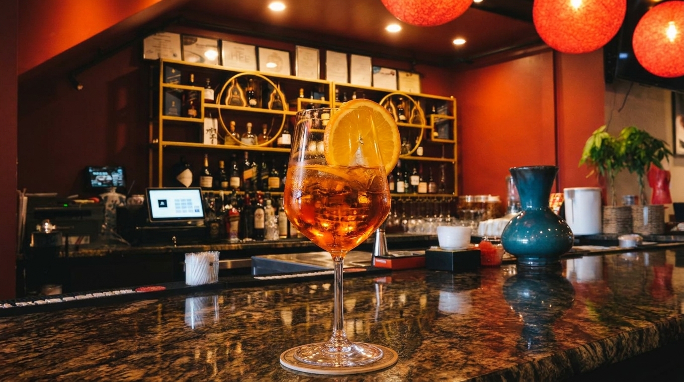An orange cocktail with a citrus slice sits on a dark, reflective bar counter.