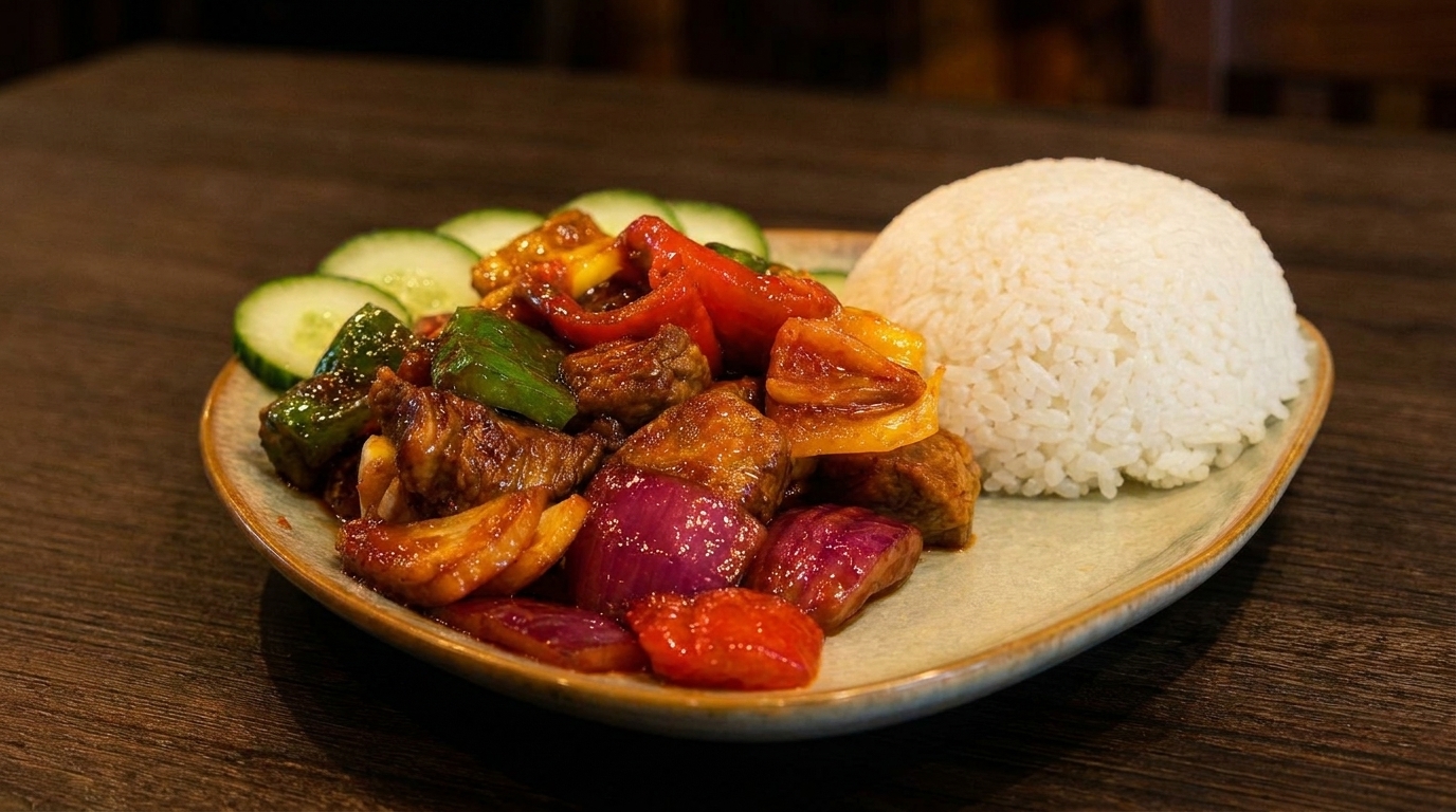 Stir-fried beef with colorful bell peppers and red onions, served with white rice and cucumber slices.