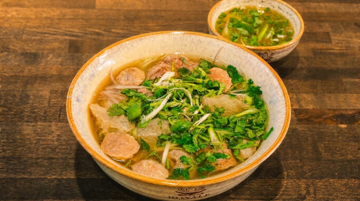 A bowl of pho with beef, meatballs, and fresh herbs, with a small side bowl of broth.