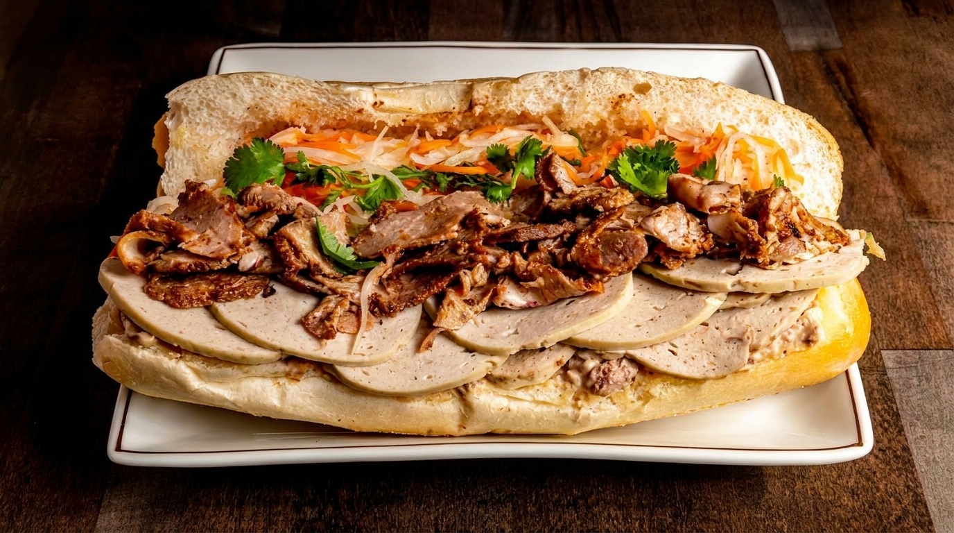 A large, fully loaded banh mi sandwich with various meats and pickled vegetables on a white plate.