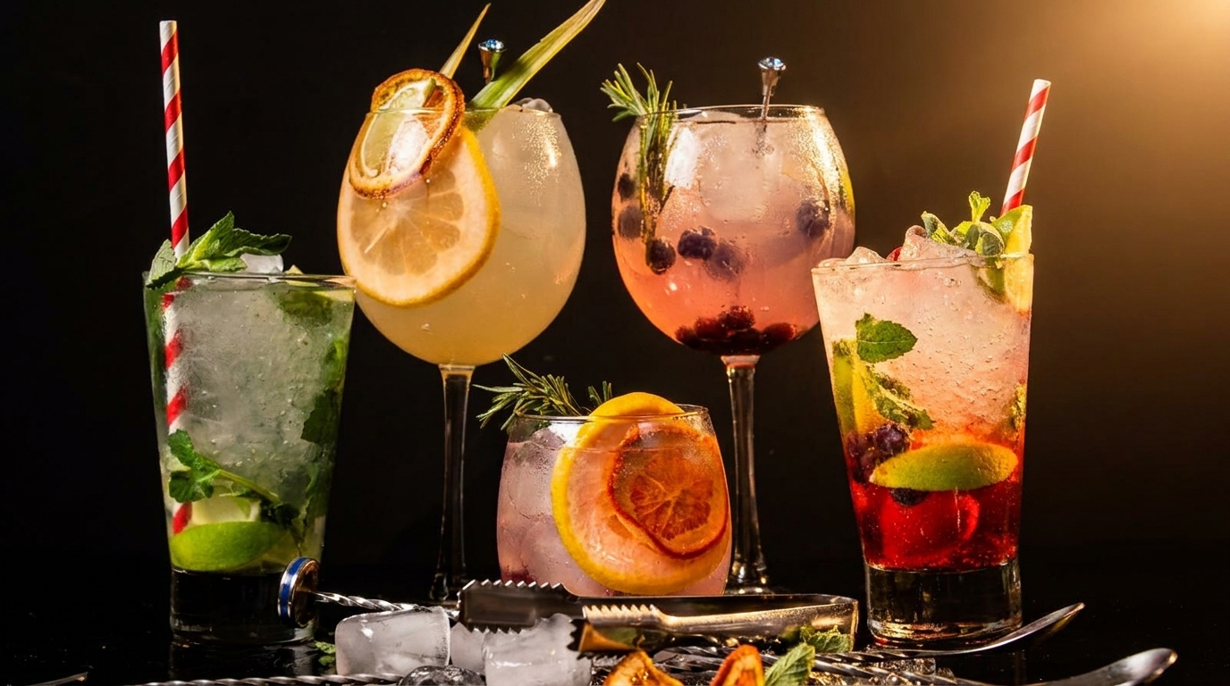 Five vibrant cocktails with fruit garnishes and ice, set against a dark background with warm lighting.