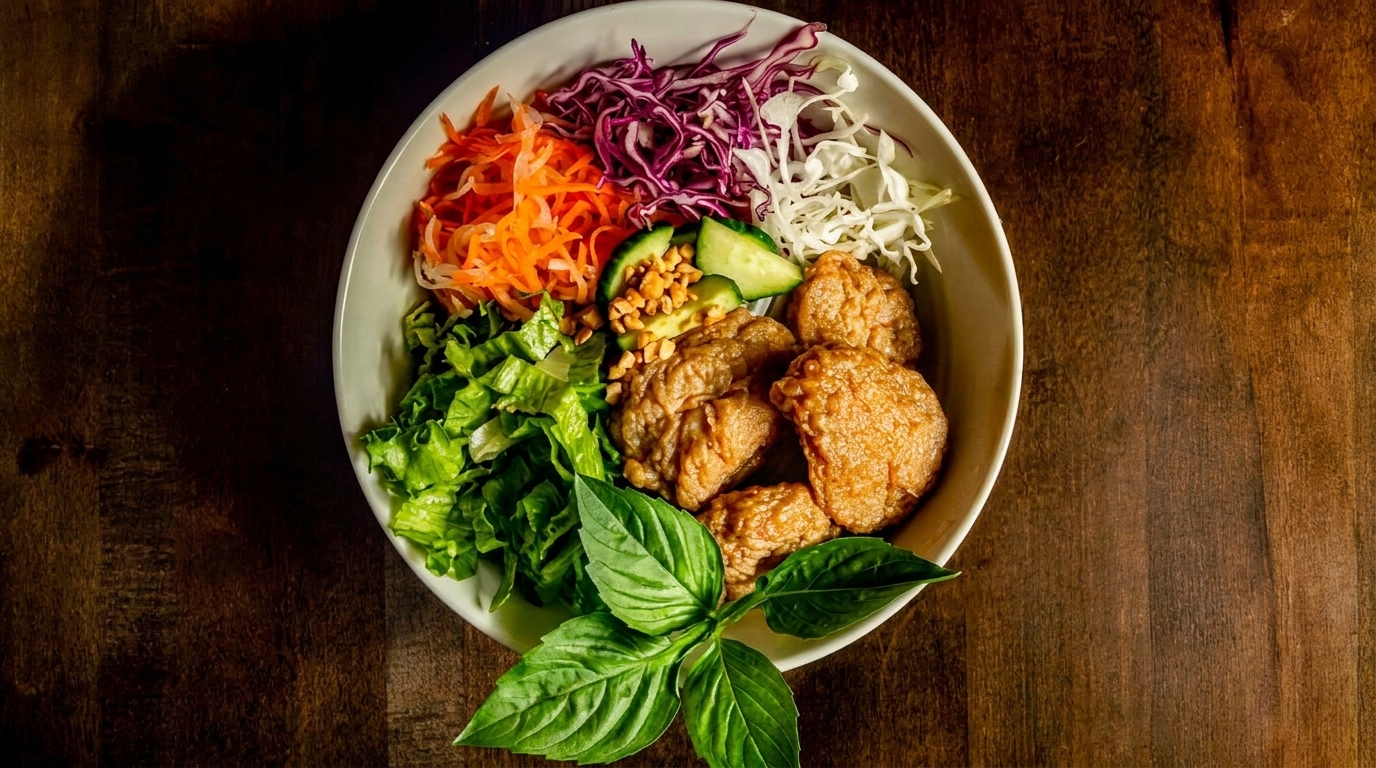 A colorful bowl of Vietnamese food with fried tofu, shredded vegetables, peanuts, and basil.