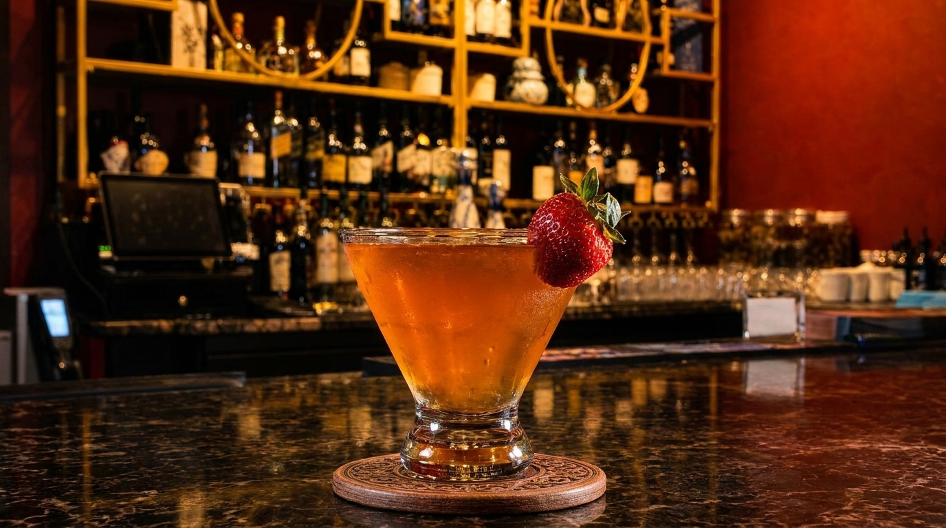 Strawberry cocktail on a dark marble bar with bottles on shelves in the background.