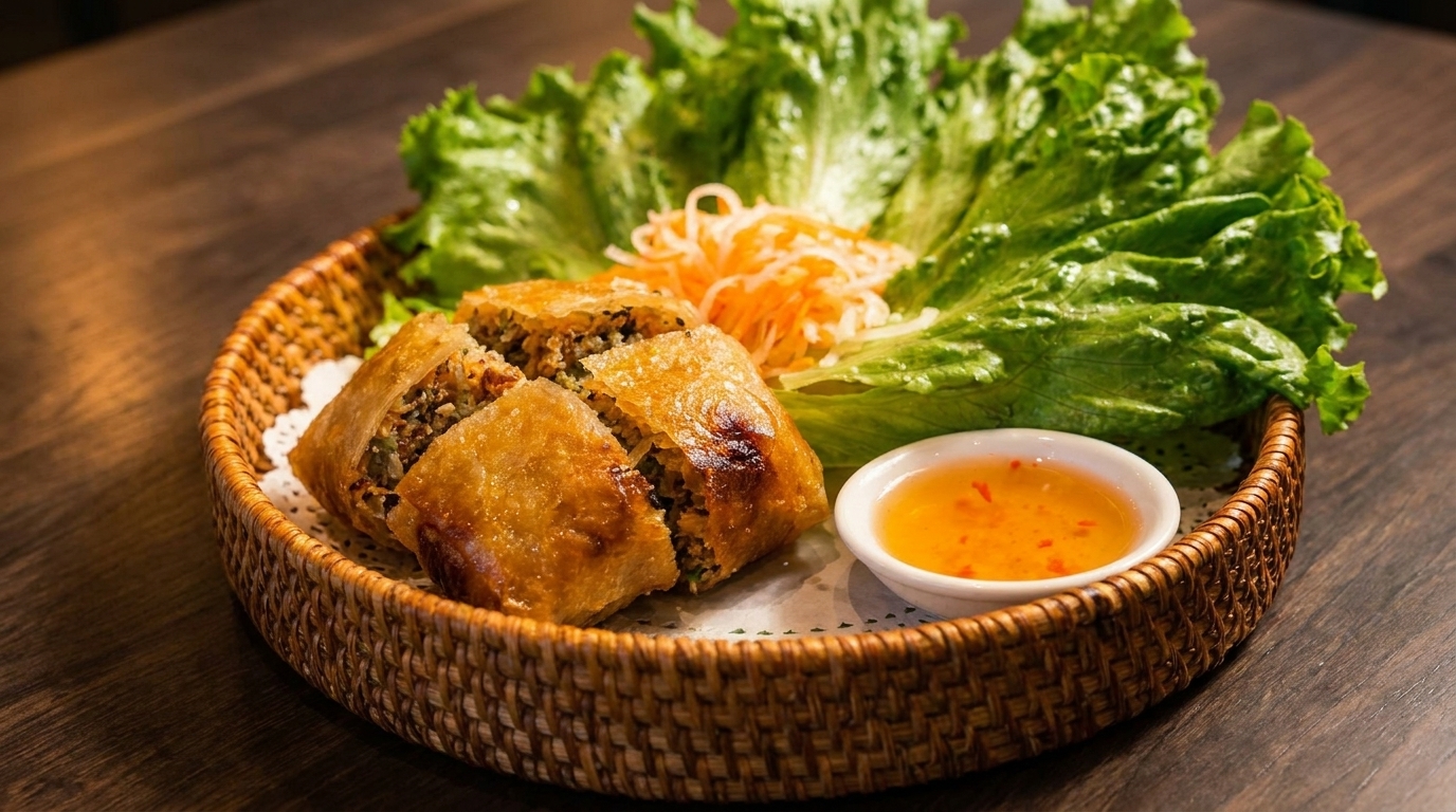 Crispy fried spring rolls, cut into pieces, served with lettuce, shredded carrots, and dipping sauce.