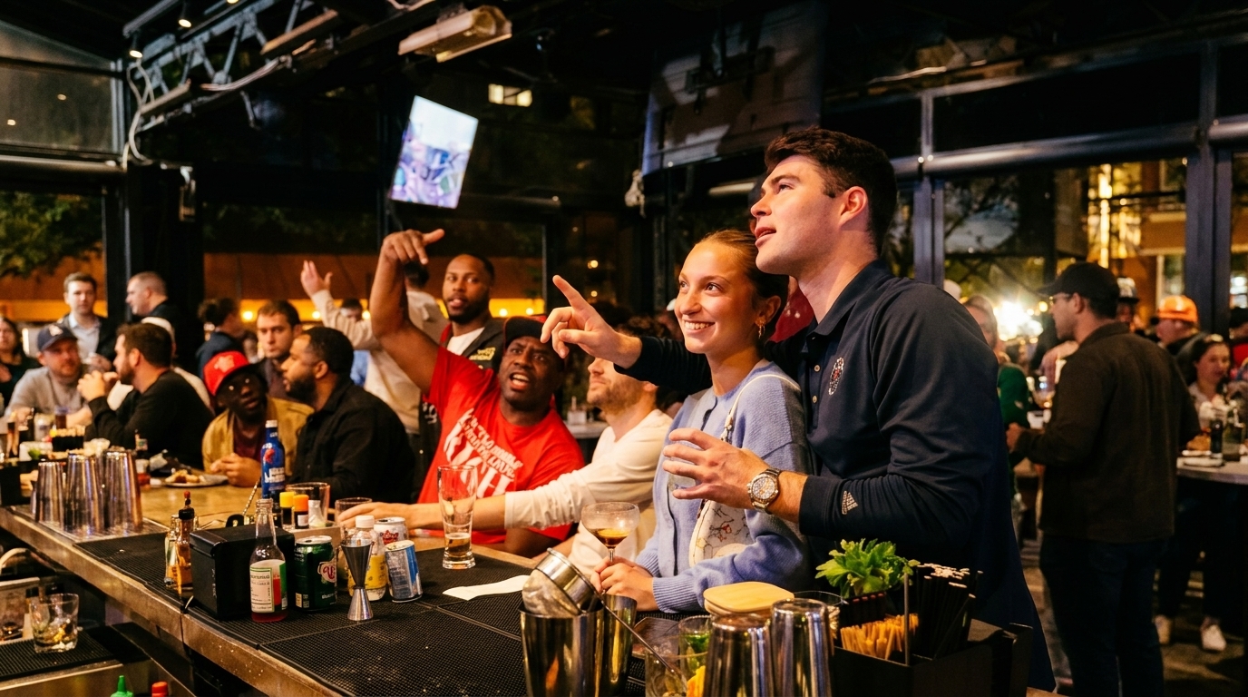 Patrons at a lively bar, some pointing and cheering, enjoying drinks and the atmosphere.