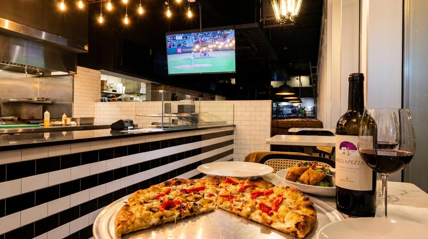 A pizza, wine, and appetizers on a table in a restaurant with an open kitchen and TV.
